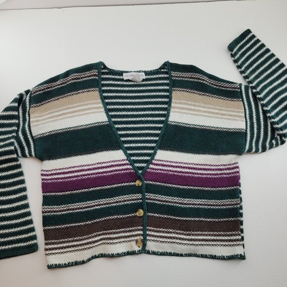 VTG Paris Sport Club Cardigan Sweater Women's S Green Stripe Ramie Cotton EUC - Picture 2 of 16